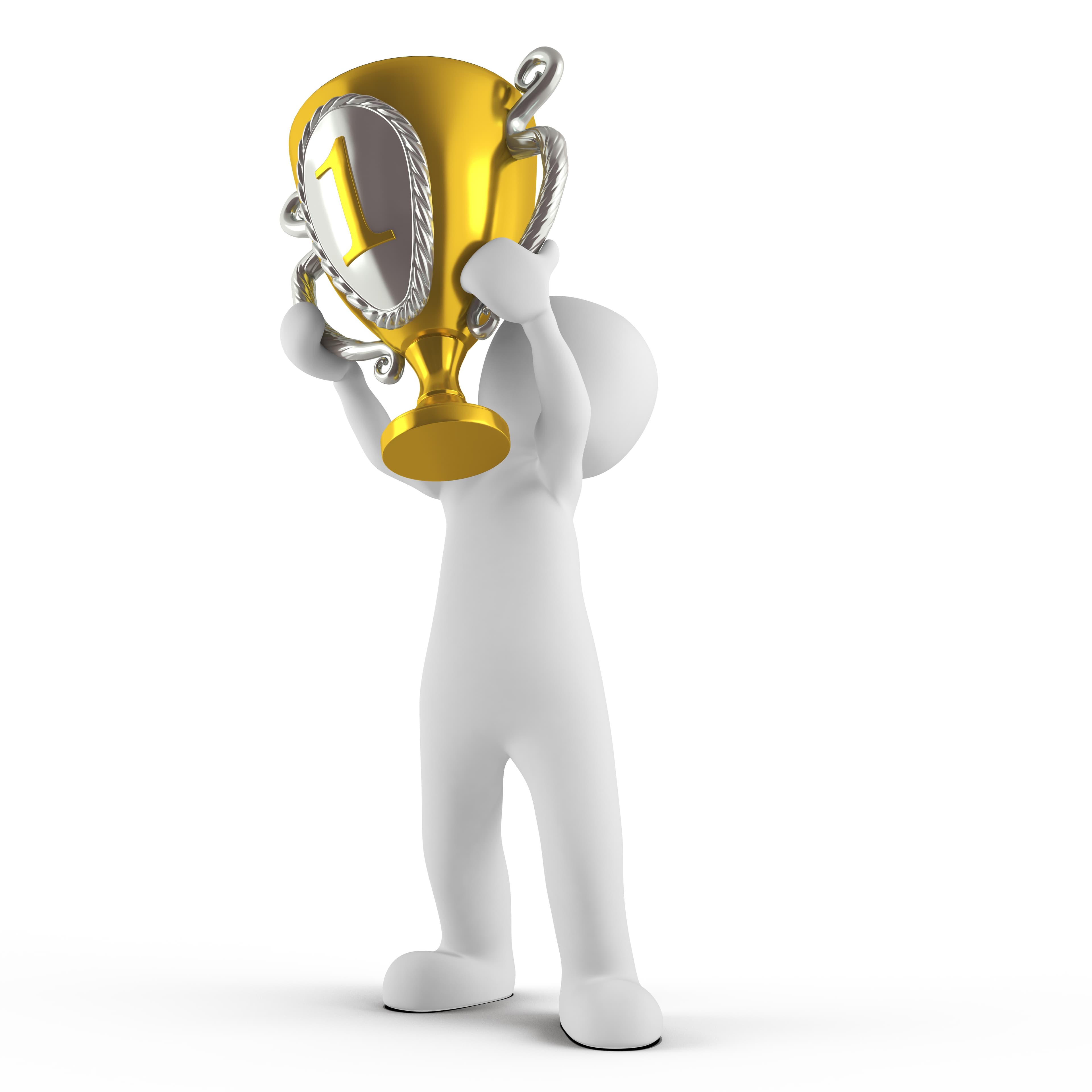 A trophy held up, marked number one